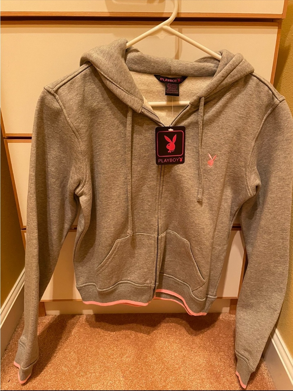 PLAYBOY Grey Hoodie with Pink Logo and Trim